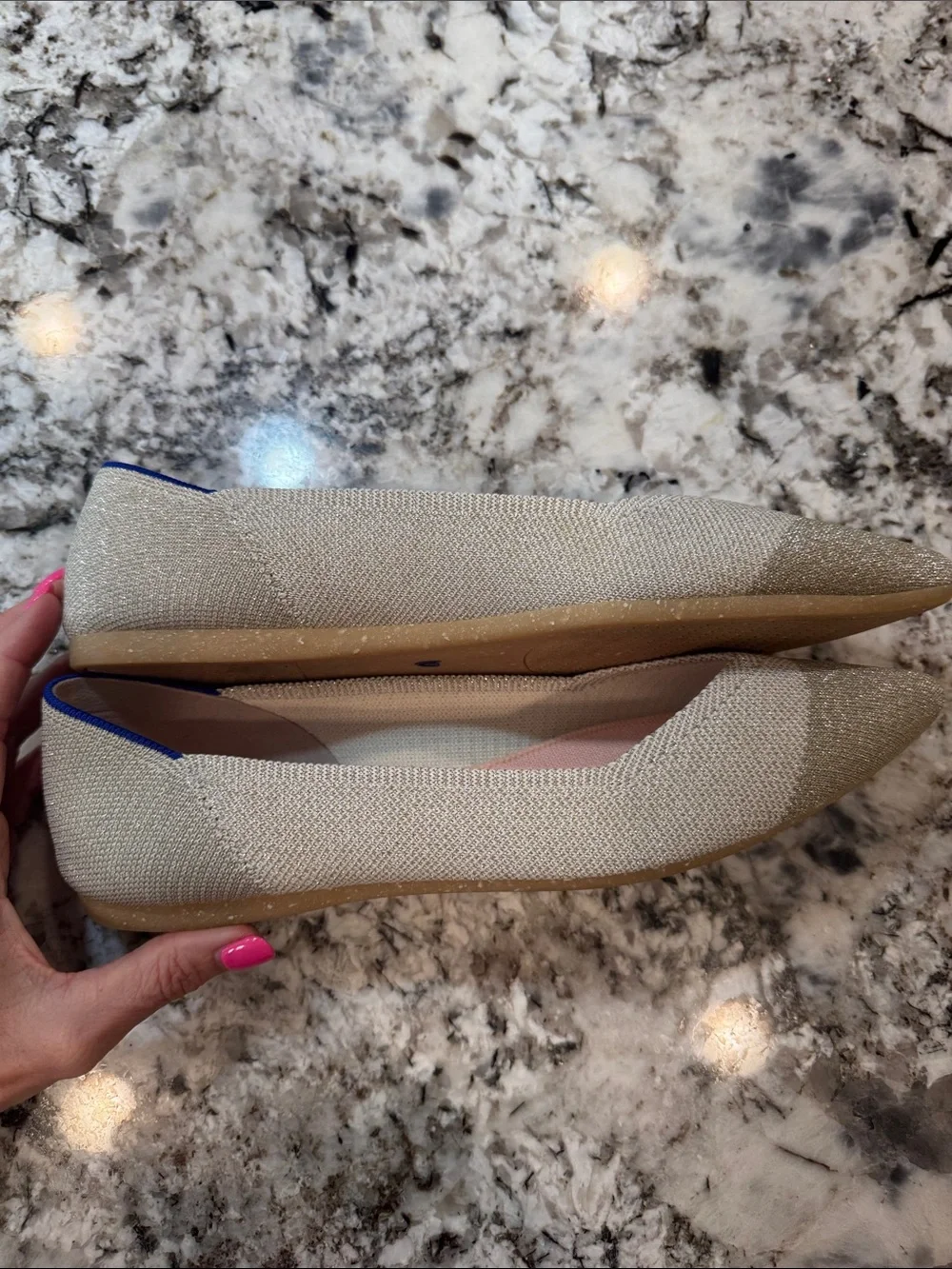 Rothy's Pointed Toe Knit Flats in Diamond Metallic